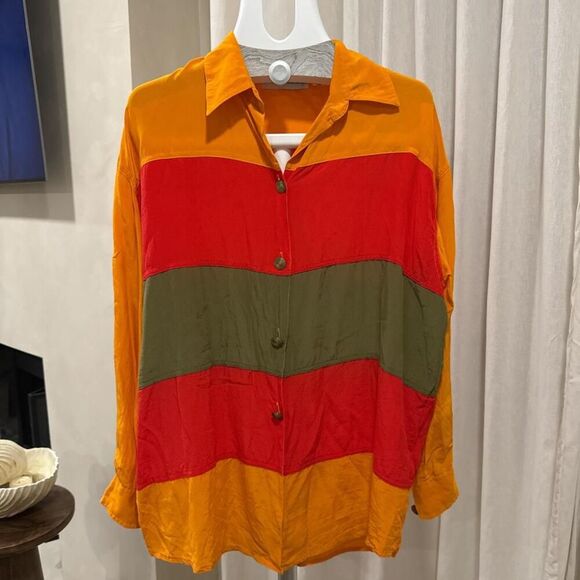 Vintage 100% Silk Multi-coloured Striped Women's Button-Up - Picture 1 of 6